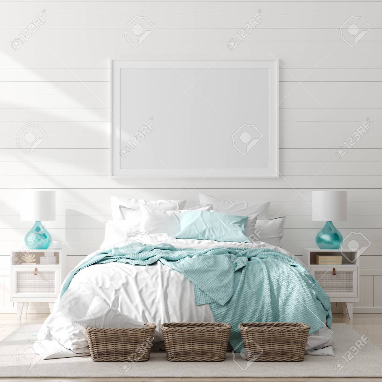 Mock up frame in bedroom interior, marine room with sea decor and furniture, Coastal style, 3d render - 124697986 Mock up frame in bedroom interior, marine room with sea decor and furniture, Coastal style, 3d render - 124697986