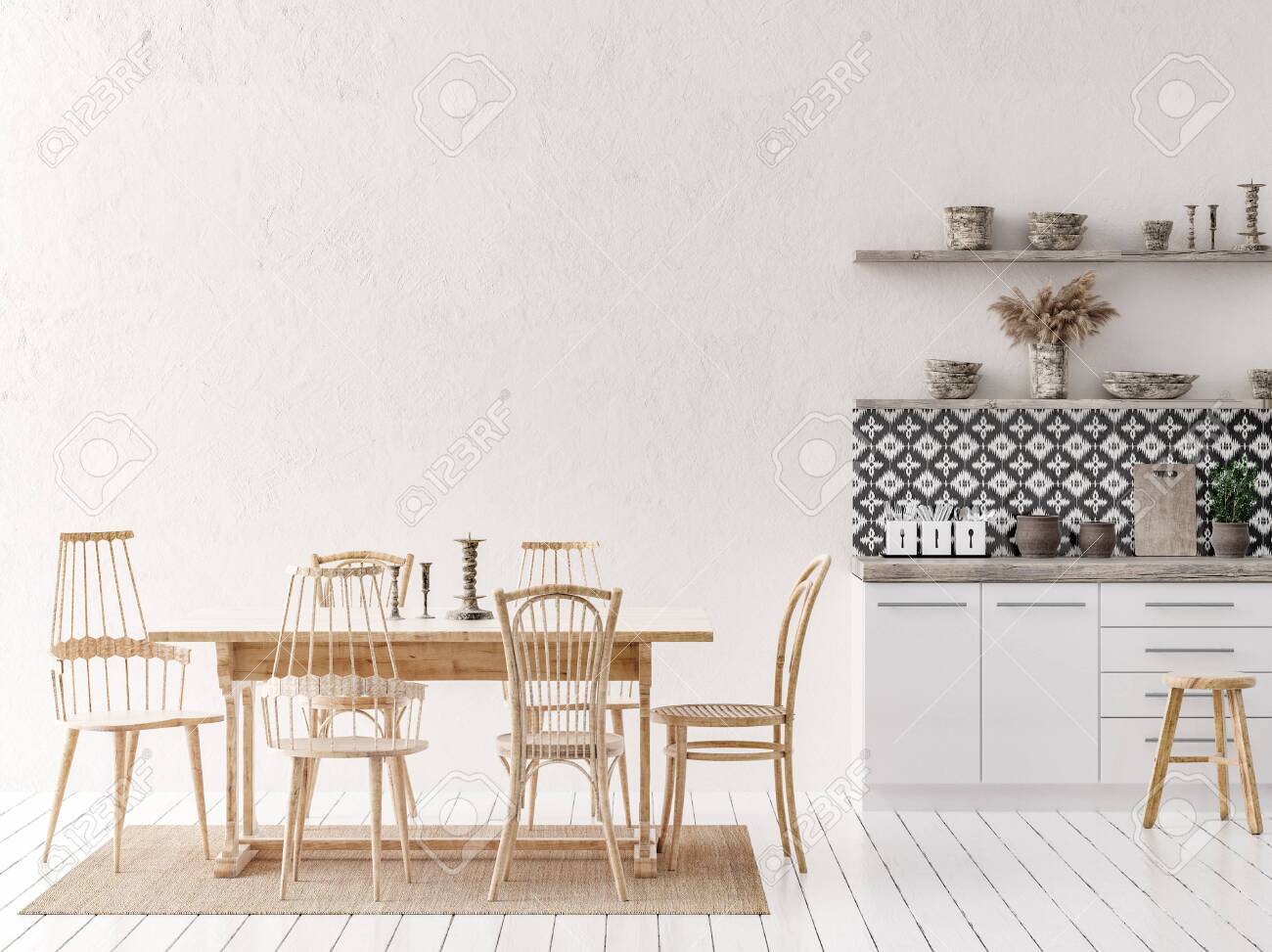 Download Ethnic Kitchen Interior Wall Mockup 3d Render Stock Photo Picture And Royalty Free Image Image 156811787