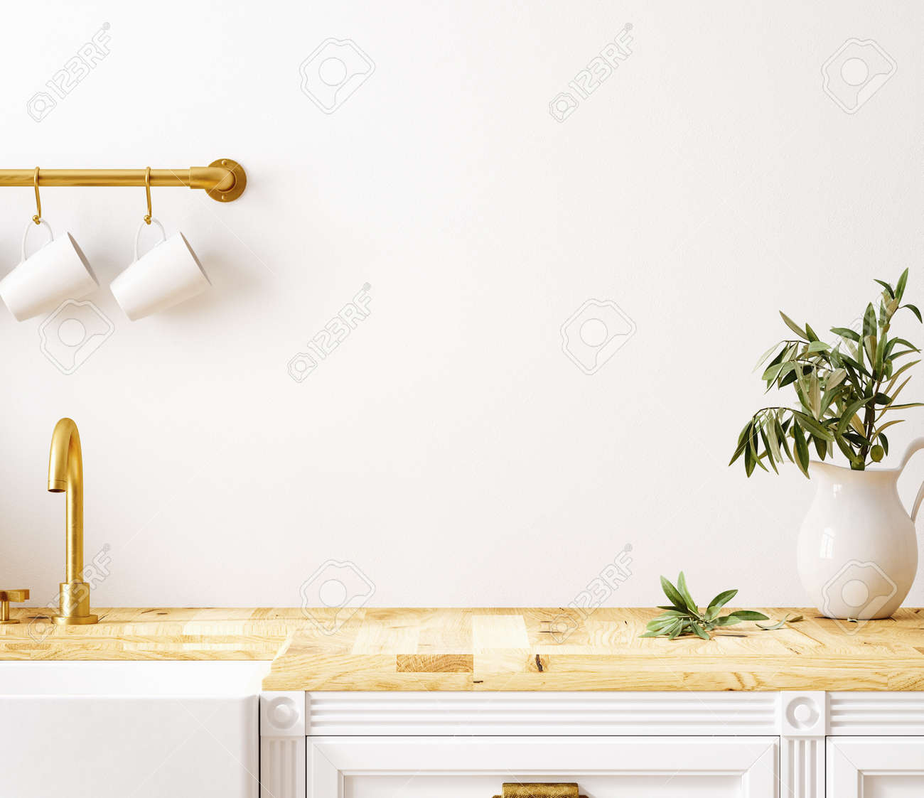 Wall Mockup In Kitchen Interior Background, Farmhouse Style, 3d Render  Stock Photo, Picture and Royalty Free Image. Image 168042203., image size:1300x1123
