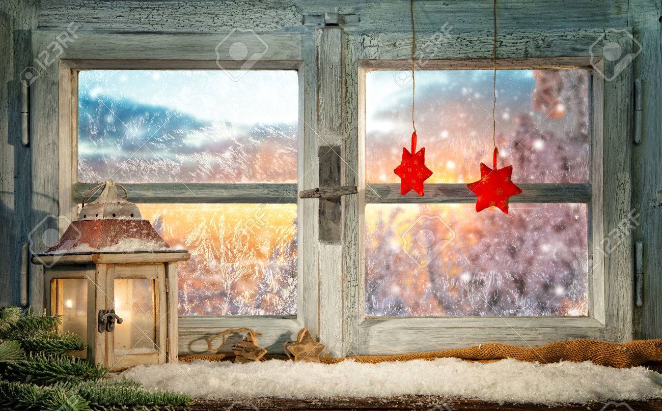 Atmospheric Christmas Window Sill Decoration With Beautiful Sunset