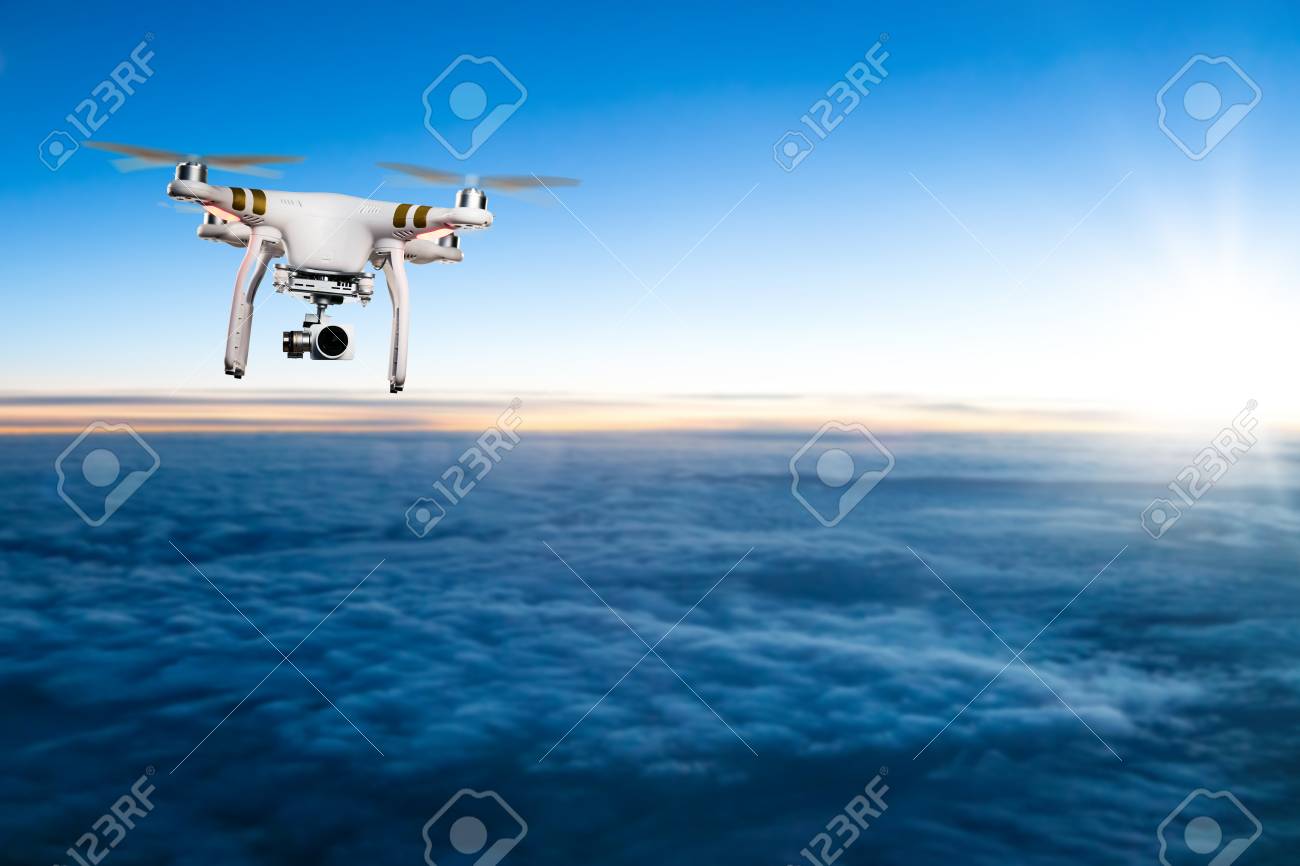 drone for industrial works flying above clouds concept of flying works