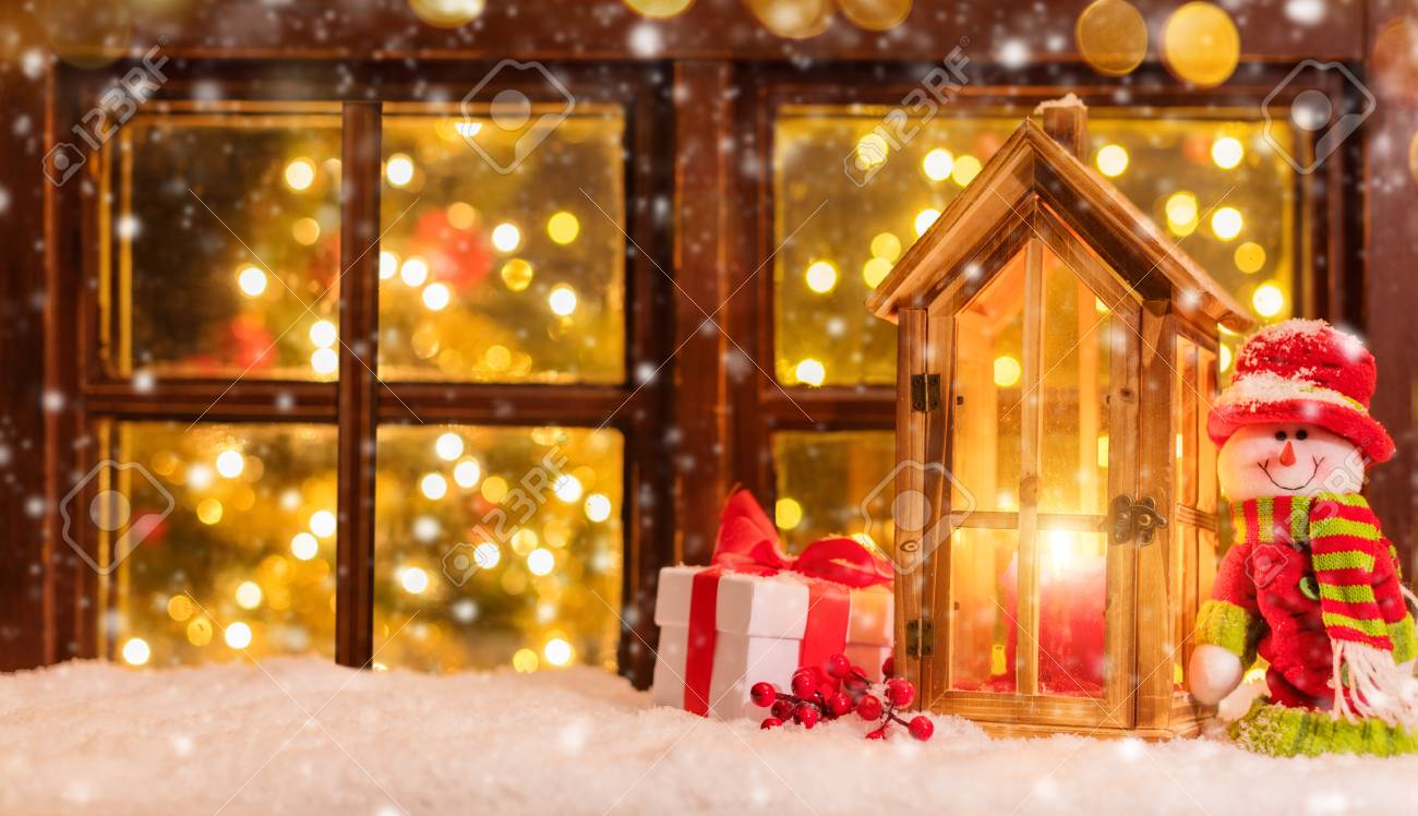 Atmospheric Christmas Window Sill With Decoration And Blur Tree