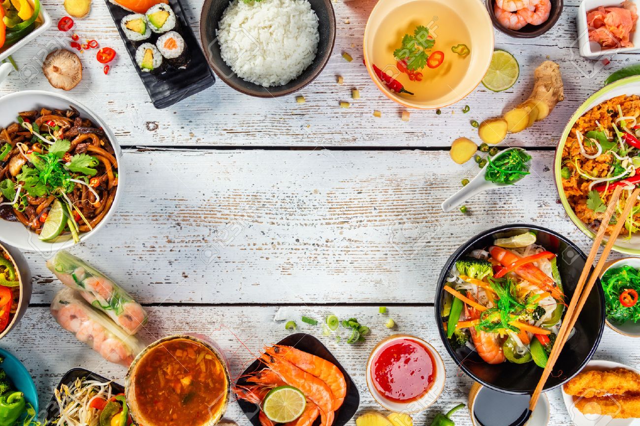 Asian food served on white wooden table, top view, space for text. Chinese and vietnamese cuisine set. - 72245499 Asian food served on white wooden table, top view, space for text. Chinese and vietnamese cuisine set. - 72245499