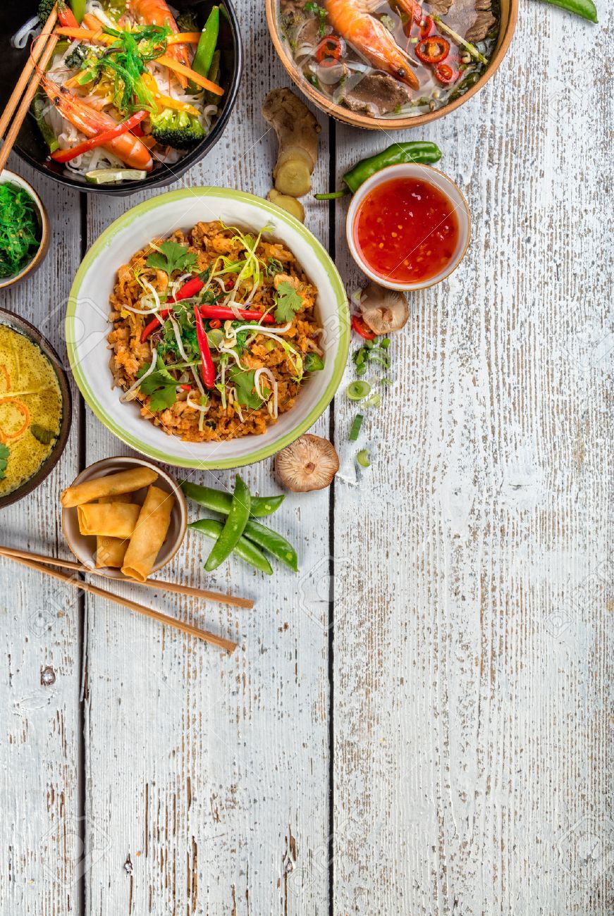 Asian food served on white wooden table, top view, space for text. Chinese and vietnamese cuisine set. - 72504511 Asian food served on white wooden table, top view, space for text. Chinese and vietnamese cuisine set. - 72504511