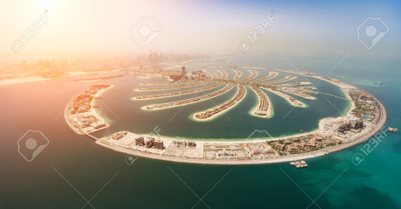 Aerial view of artificial palm island in Dubai. Panoramic view. - 107138963 Aerial view of artificial palm island in Dubai. Panoramic view. - 107138963
