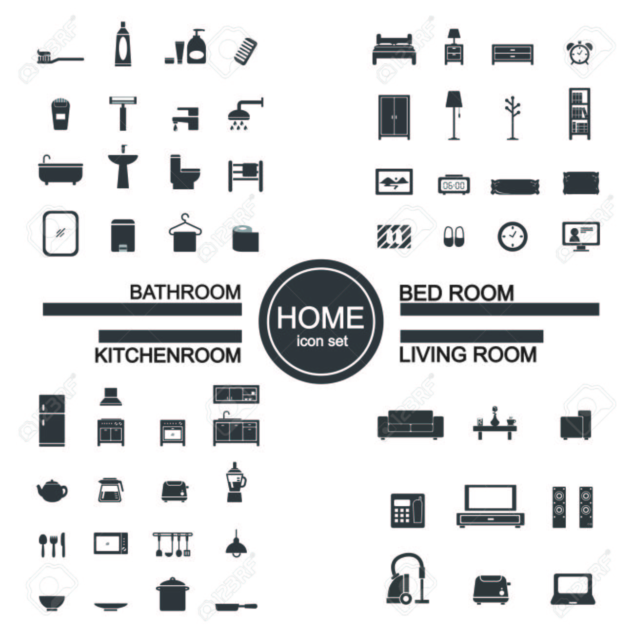 living room , bedroom , kitchen, bathroom icon set royalty free living room , bedroom , kitchen, bathroom icon set royalty free