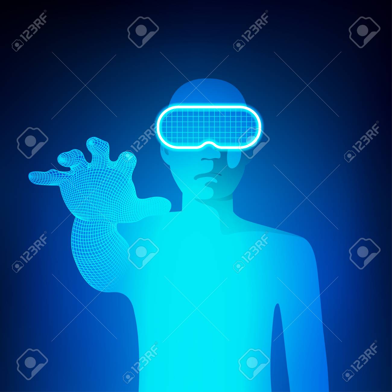 バーチャルリアリティ技術の概念 手に手を伸ばすヘッドセットガジェットを持つ男のイラスト素材 ベクタ Image