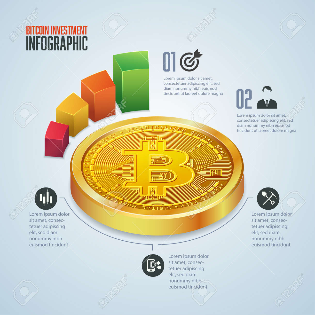 infographic of cryptocurrency invesment, graphic of golden bitcoin in perpective view with financial icons - 171094610 infographic of cryptocurrency invesment, graphic of golden bitcoin in perpective view with financial icons - 171094610