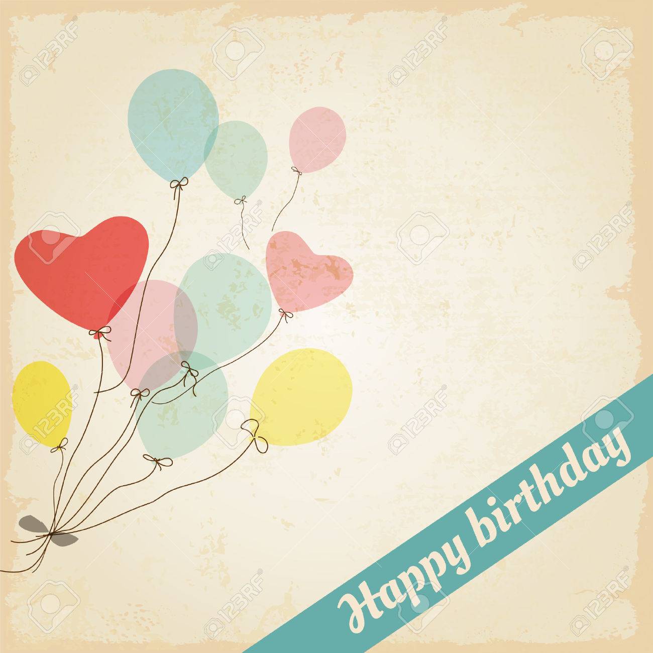 happy birthday postcard vintage ribbon with heart balloon happy birthday postcards