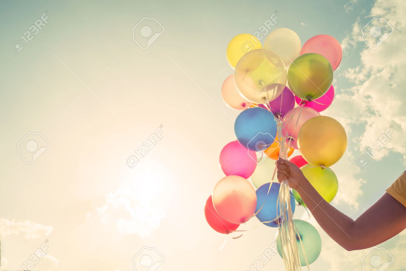 Girl Hand Holding Multicolored Balloons Done With A Retro Vintage Stock Photo Picture And Royalty Free Image Image 51655330 Happy birthday rose gold confetti latex balloons 18/21st/30/40/50/60 party decor. girl hand holding multicolored balloons done with a retro vintage
