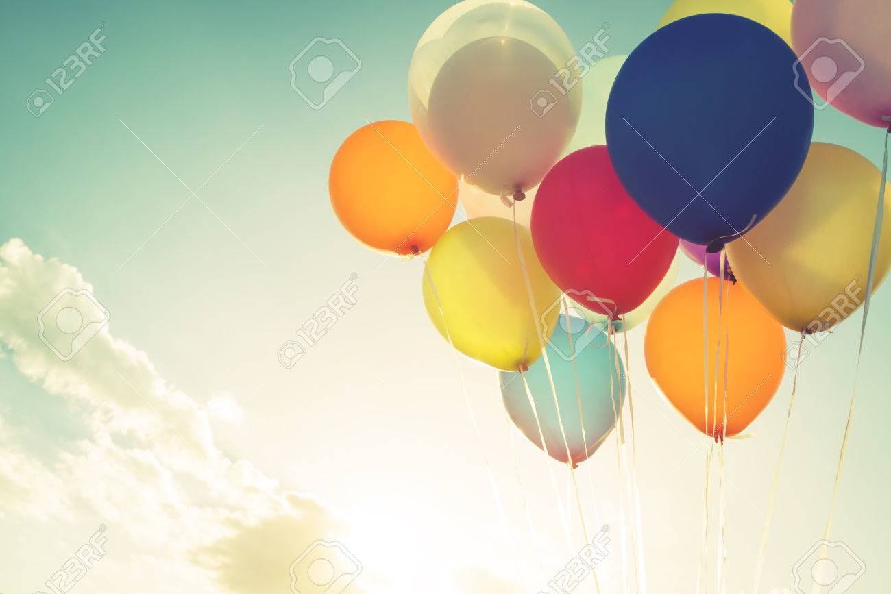 Vintage multicolor balloons of birthday party. retro filter effect - 52070117 Vintage multicolor balloons of birthday party. retro filter effect - 52070117