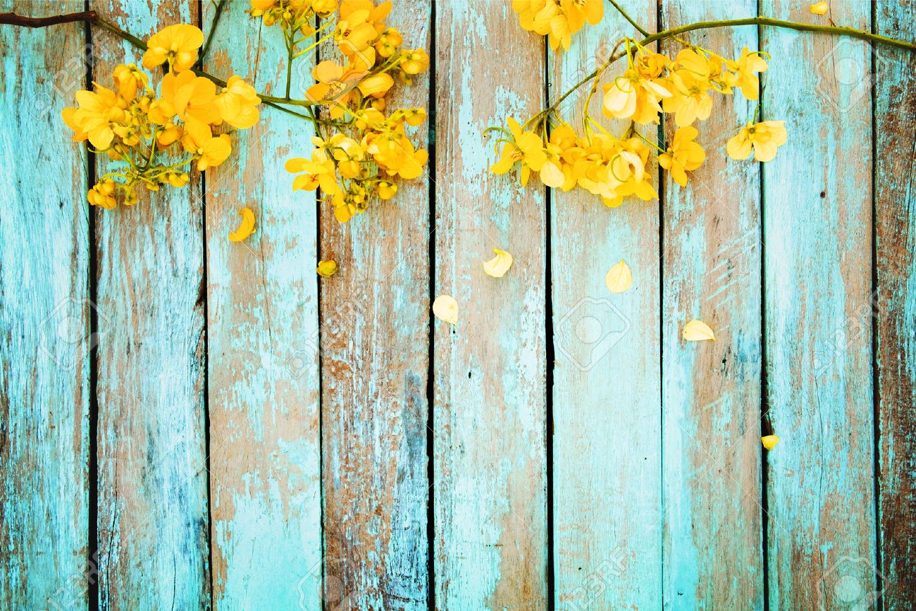 Yellow flowers on vintage wooden background, border design. vintage color tone - concept flower of spring or summer background - 68874528 Yellow flowers on vintage wooden background, border design. vintage color tone - concept flower of spring or summer background - 68874528