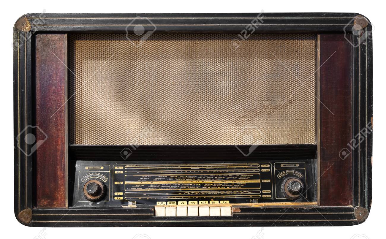 Vintage radio receiver - antique wooden box radio isolate on white with clipping path for object, retro technology - 128631183