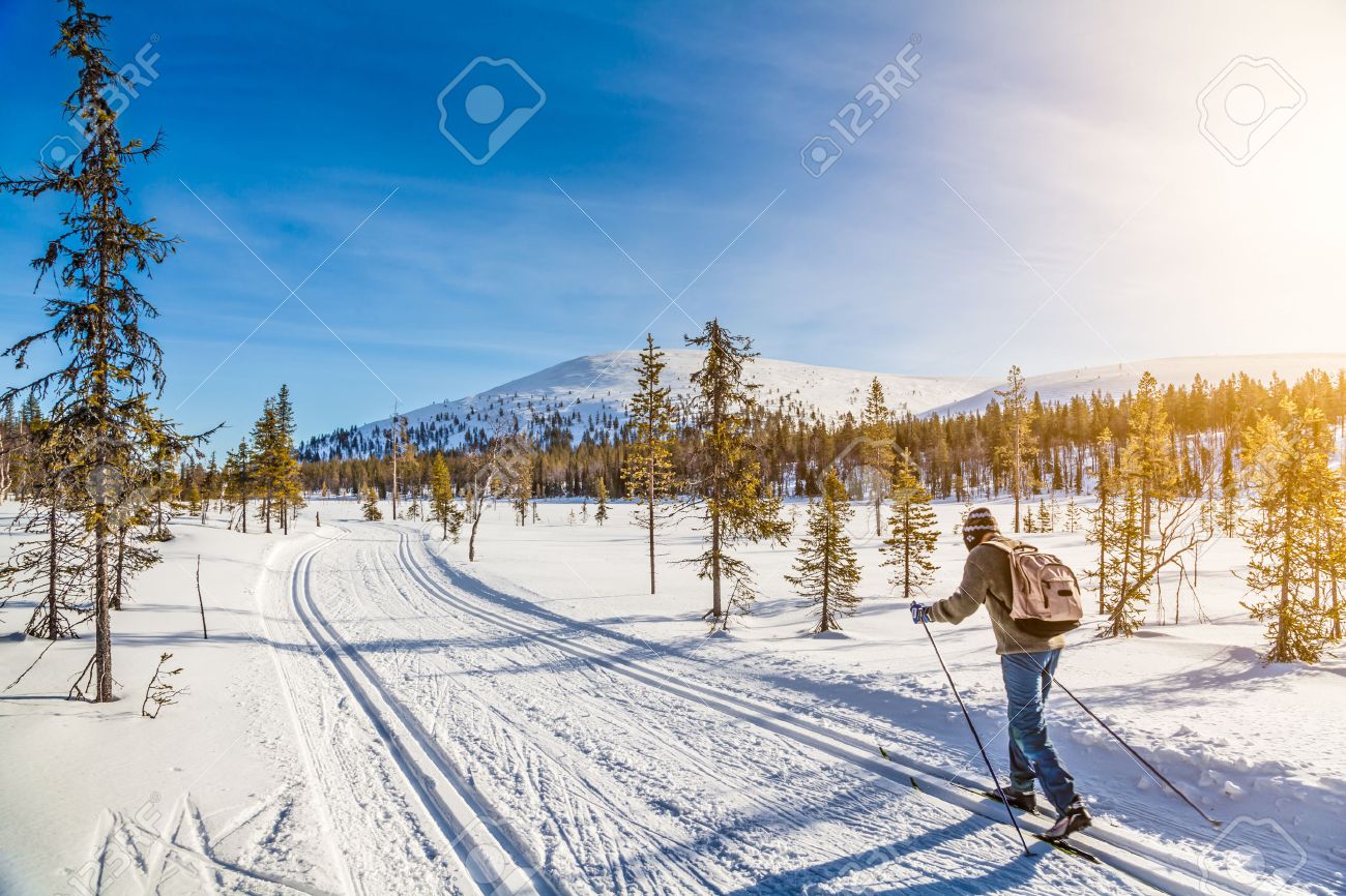 Vue Panoramique De Personne De Sexe Masculin De Ski De Fond En Scandinavie  À La Lumière Dorée Du Soir Au Coucher Du Soleil Banque DImages et Photos  Libres De Droits. Image 37348030