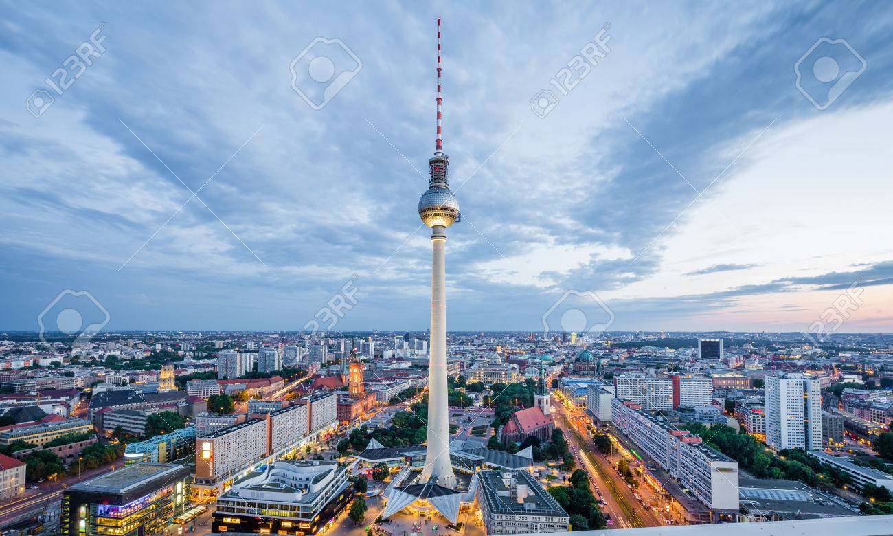 aerial view of berlin skyline with famous tv tower at alexanderplatz