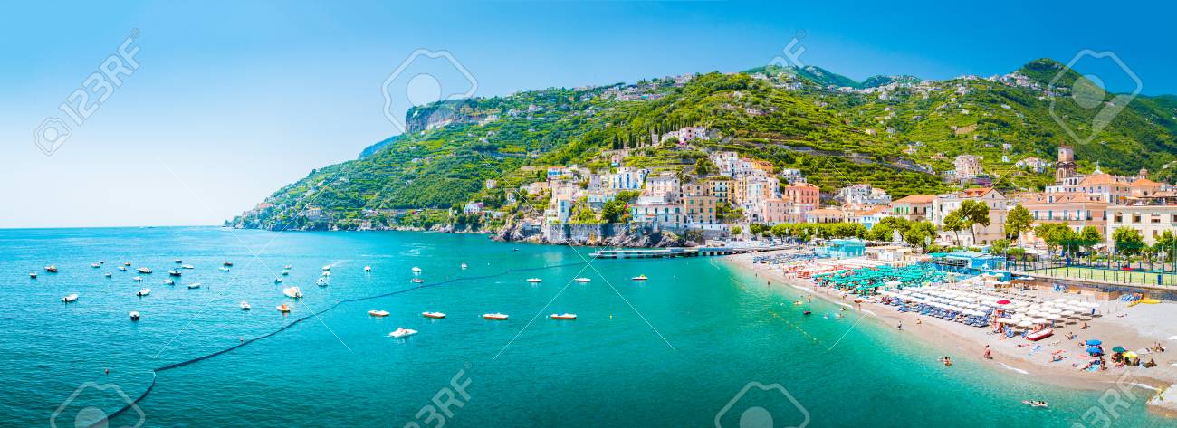 Scenic panoramic view of the beautiful town of Amalfi at famous Amalfi Coast with Gulf of Salerno in summer, Campania, Italy - 113996049 Scenic panoramic view of the beautiful town of Amalfi at famous Amalfi Coast with Gulf of Salerno in summer, Campania, Italy - 113996049