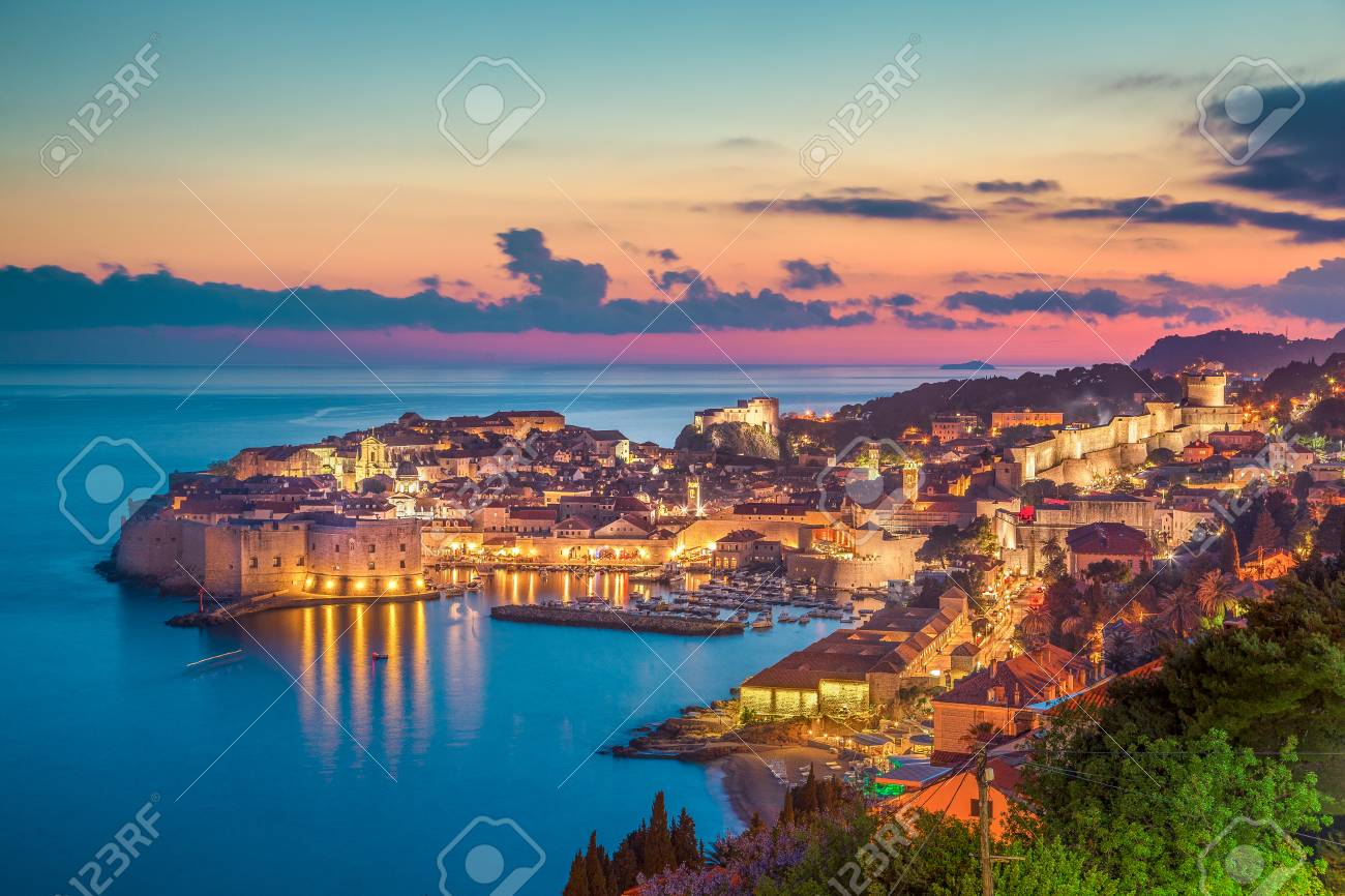 Panoramic aerial view of the historic town of Dubrovnik, one of the most famous tourist destinations in the Mediterranean Sea, in beautiful golden evening light at sunset, Dalmatia, Croatia - 121793433 Panoramic aerial view of the historic town of Dubrovnik, one of the most famous tourist destinations in the Mediterranean Sea, in beautiful golden evening light at sunset, Dalmatia, Croatia - 121793433