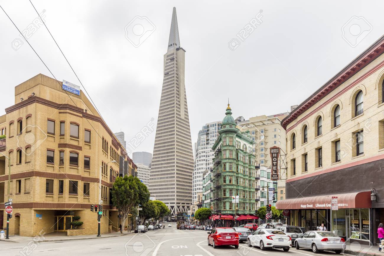 Central San Francisco with famous Transamerica Pyramid and historic Sentinel Building at Columbus Avenue on a cloudy day, California, USA - 121796166 Central San Francisco with famous Transamerica Pyramid and historic Sentinel Building at Columbus Avenue on a cloudy day, California, USA - 121796166