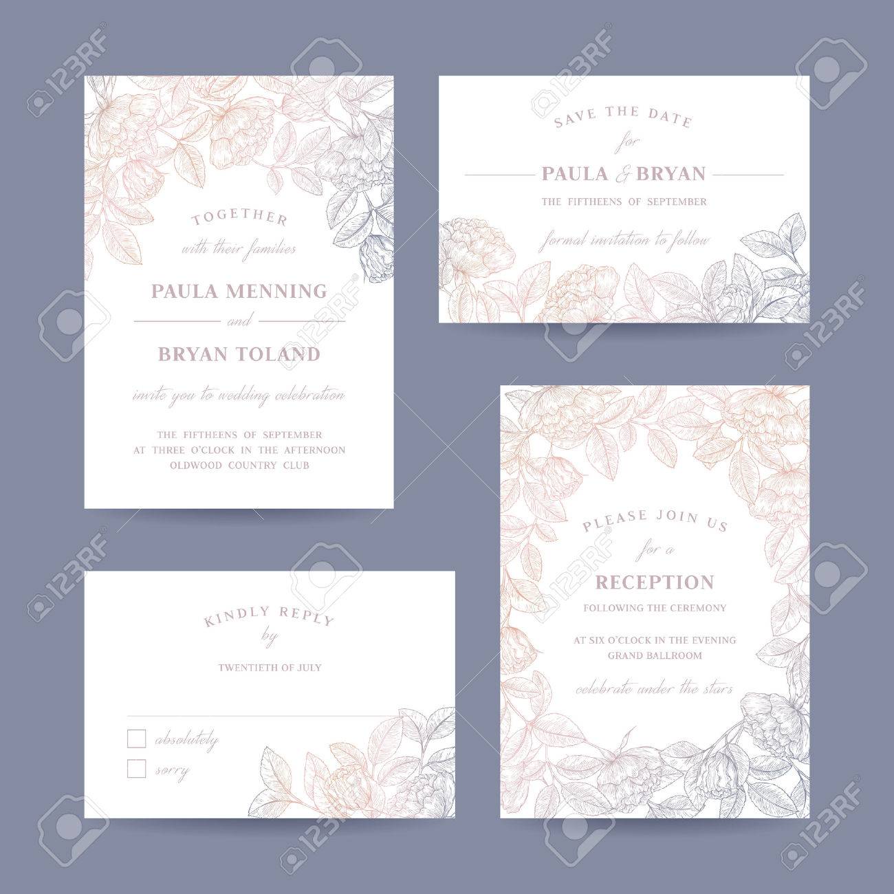Hand drawn rose garden wedding invitation card collection. Invitation, Save the date, RSVP, Reception, Thank you card template with floral background. - 65082545 Hand drawn rose garden wedding invitation card collection. Invitation, Save the date, RSVP, Reception, Thank you card template with floral background. - 65082545