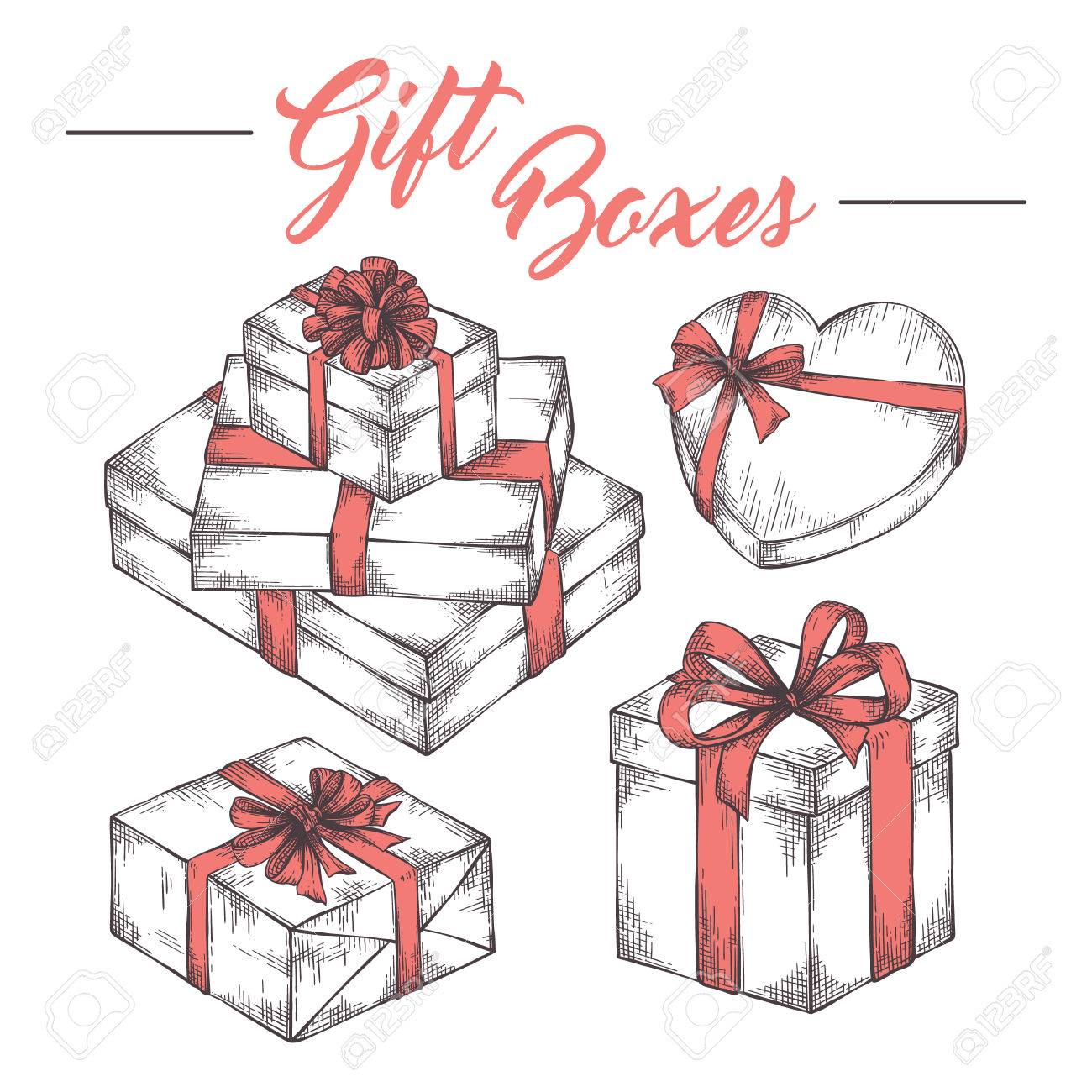 Sammlung Von Hand Cketch Grafik Geschenk Boxen Mit Bandern Und Bogen Gezeichnet Weihnachten Neujahr Geburtstag Feier Anwesend Icon Karte Lizenzfrei Nutzbare Vektorgrafiken Clip Arts Illustrationen Image