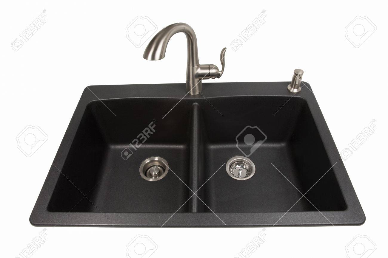modern kitchen sink made of black synthetic granite with brushed stainless steel faucet and soap dispenser - Brushed Steel Kitchen Sinks modern kitchen sink made of black synthetic granite with brushed stainless steel faucet and soap dispenser - Brushed Steel Kitchen Sinks