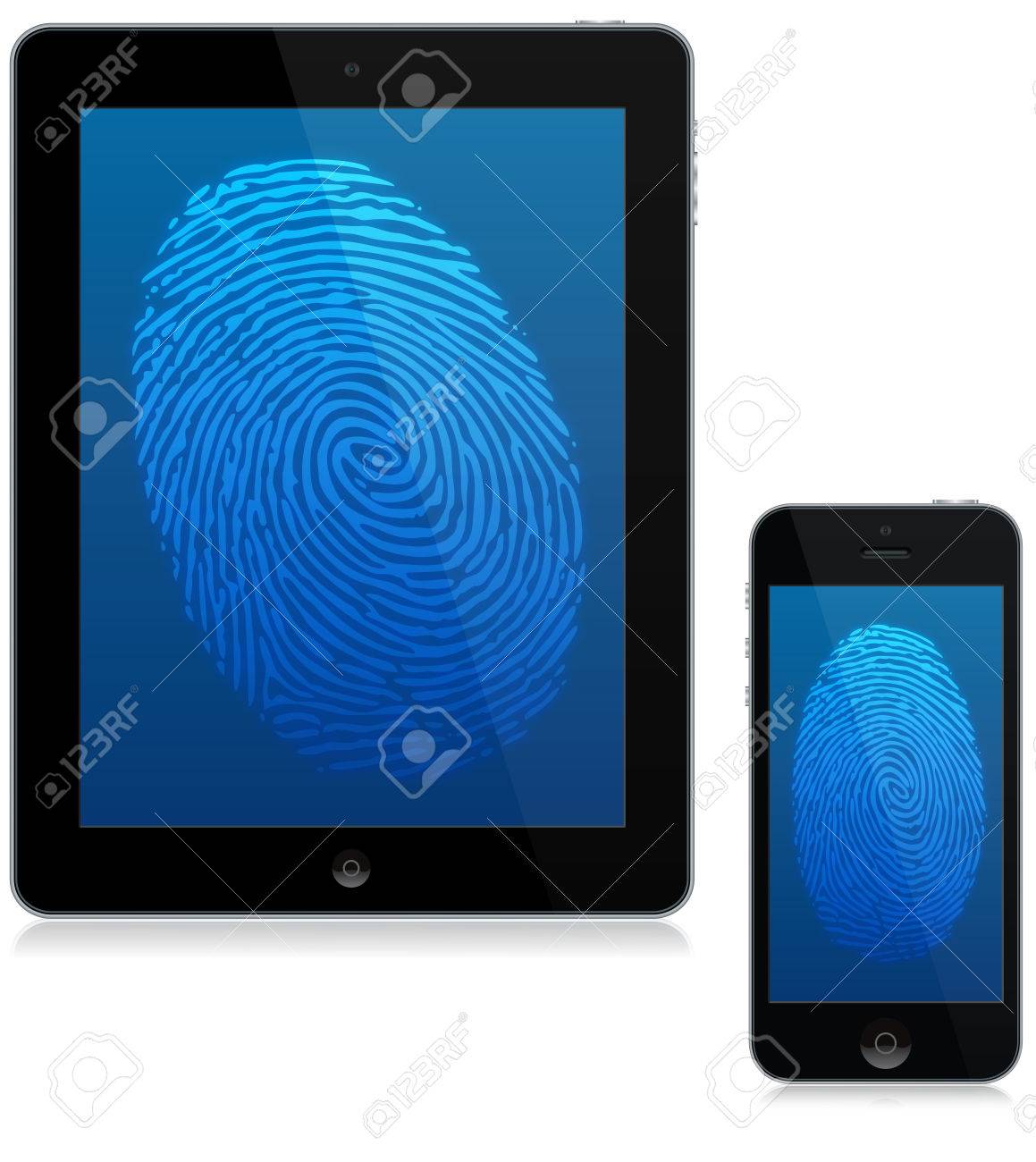 タブレット コンピューターと携帯電話の画面上のデジタル指紋スキャン の写真素材 画像素材 Image タブレット コンピューターと携帯電話の画面上のデジタル指紋スキャン の写真素材 画像素材 Image