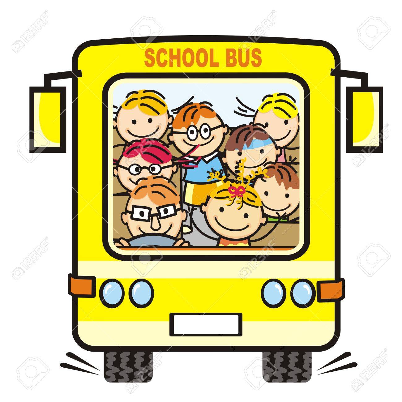 yellow school bus and children icon humorous illustration royalty