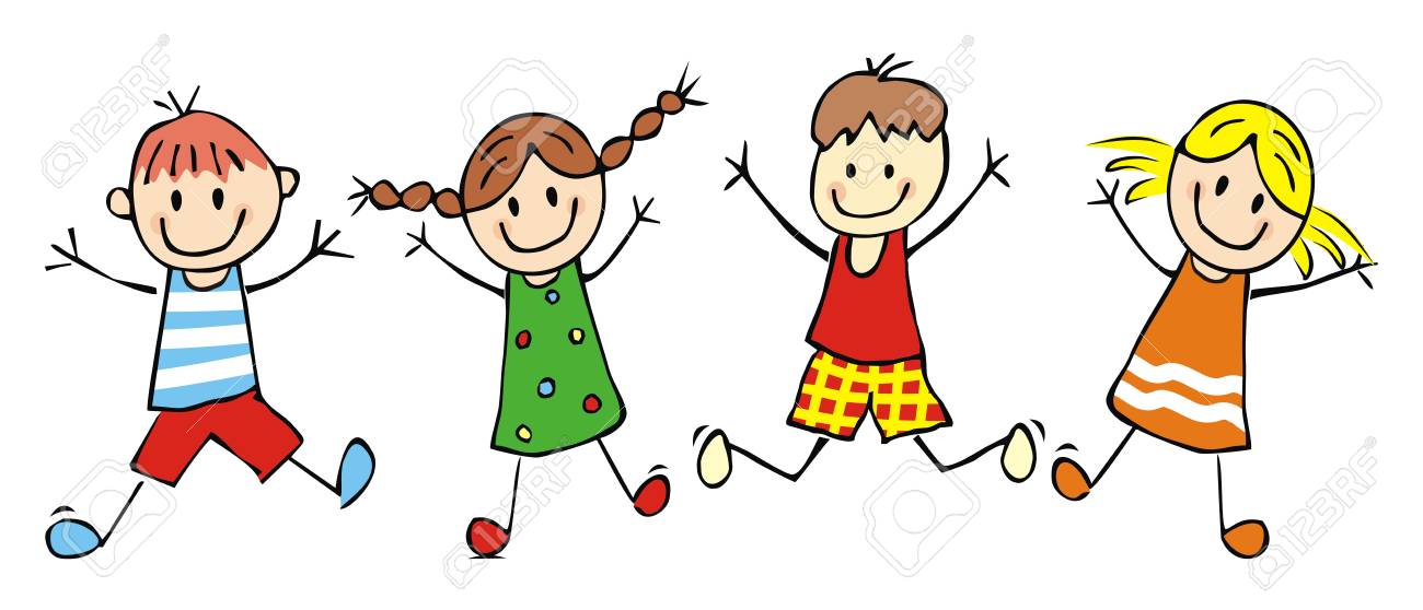 Happy Kids, Jumping Girls And Boys, Funny Vector Illustration ...