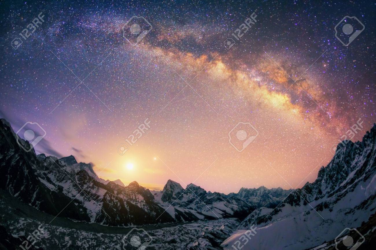 There are 3 of the 5 highest mountains in world Everest 8850 m Lhotse 8516 m and Makalu 8485 m. And the biggest glacier lies underneath them Ngonsumpa Glacier which is 36 km long. This picture is crowned by recently rised Moon and Venus. - 41319845 There are 3 of the 5 highest mountains in world Everest 8850 m Lhotse 8516 m and Makalu 8485 m. And the biggest glacier lies underneath them Ngonsumpa Glacier which is 36 km long. This picture is crowned by recently rised Moon and Venus. - 41319845