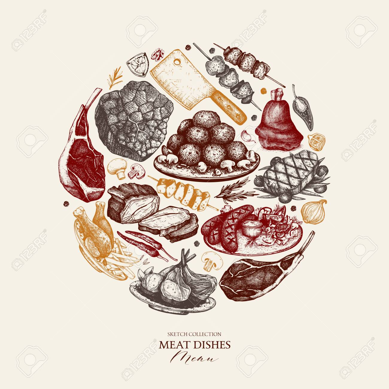 Vector design with hand drawn food illustration. Restaurant menu template. Vintage frame with meat dishes sketch. - 122781601 Vector design with hand drawn food illustration. Restaurant menu template. Vintage frame with meat dishes sketch. - 122781601