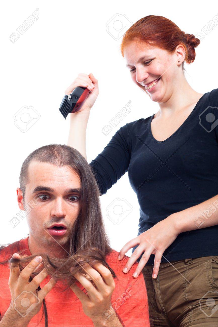 Laughing Hairdresser Woman Shaving Shocked Long Haired Man With