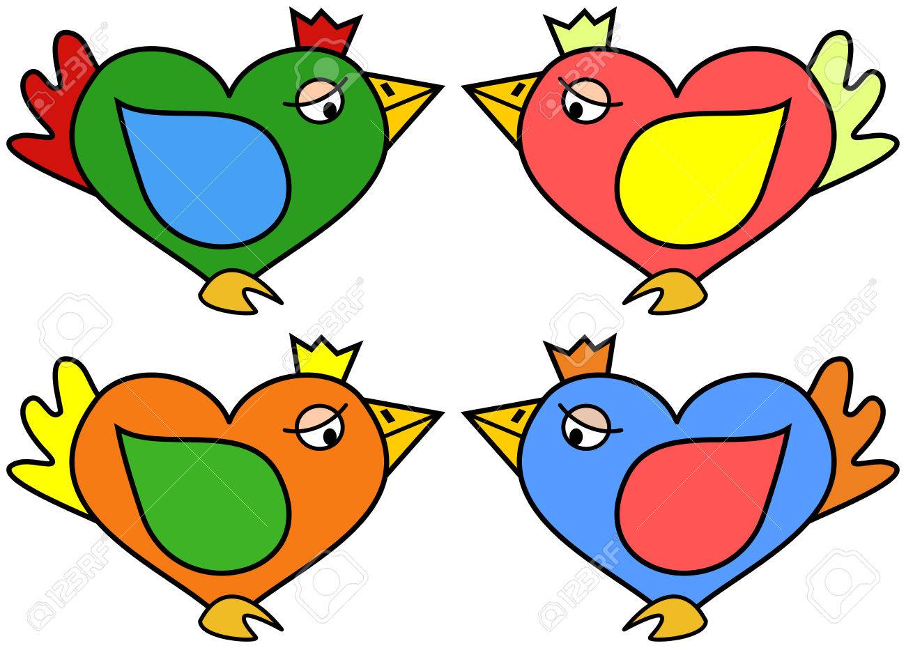 ハート形の 4 色のカラー バリエーション 鳥の簡単なベクトル イラスト緑 赤 オレンジ 青 のイラスト素材 ベクタ Image