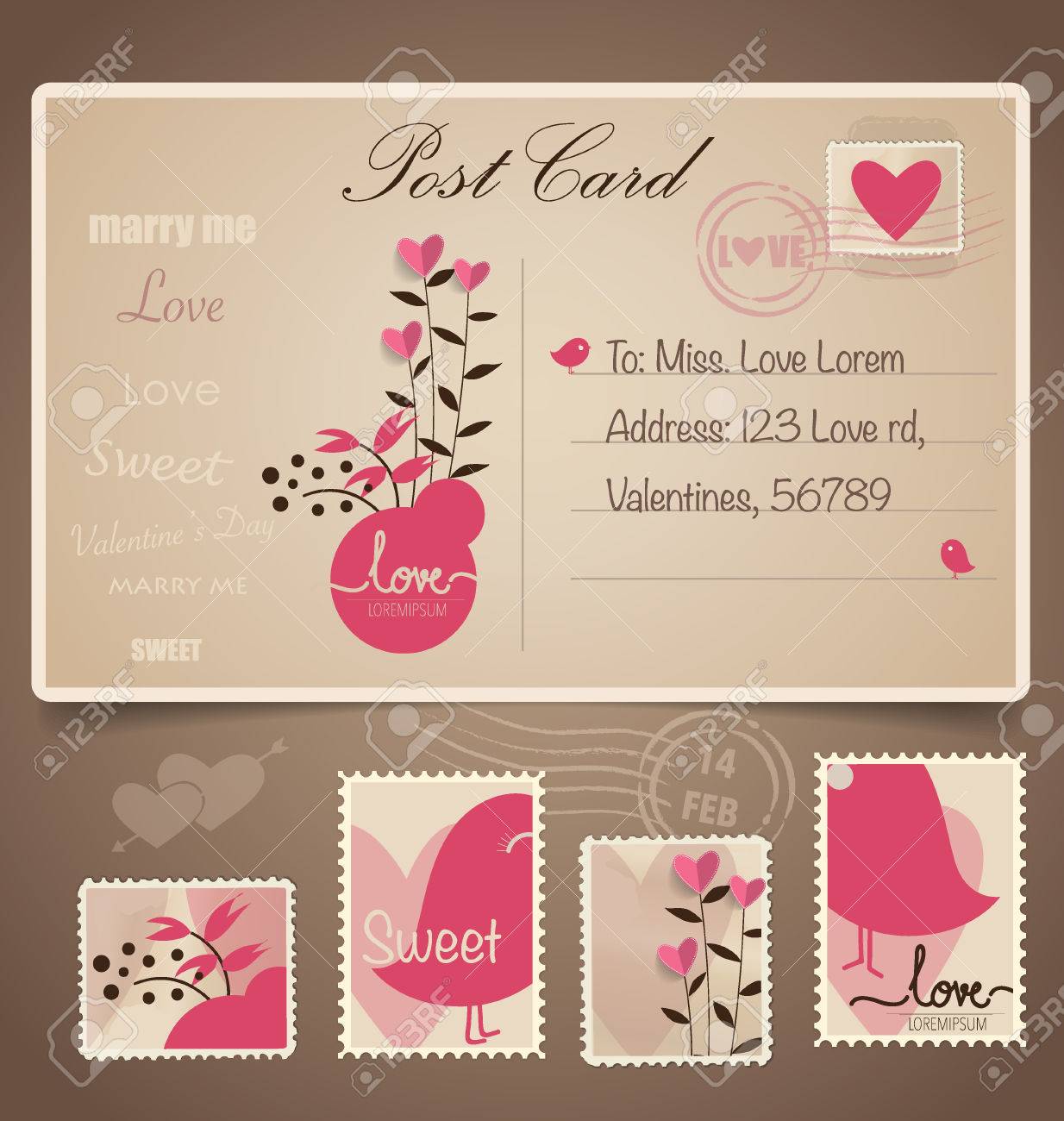 Vintage Postcard Background And Postage Stamps For Wedding Royalty Free Cliparts Vectors And Stock Illustration Image 36479952
