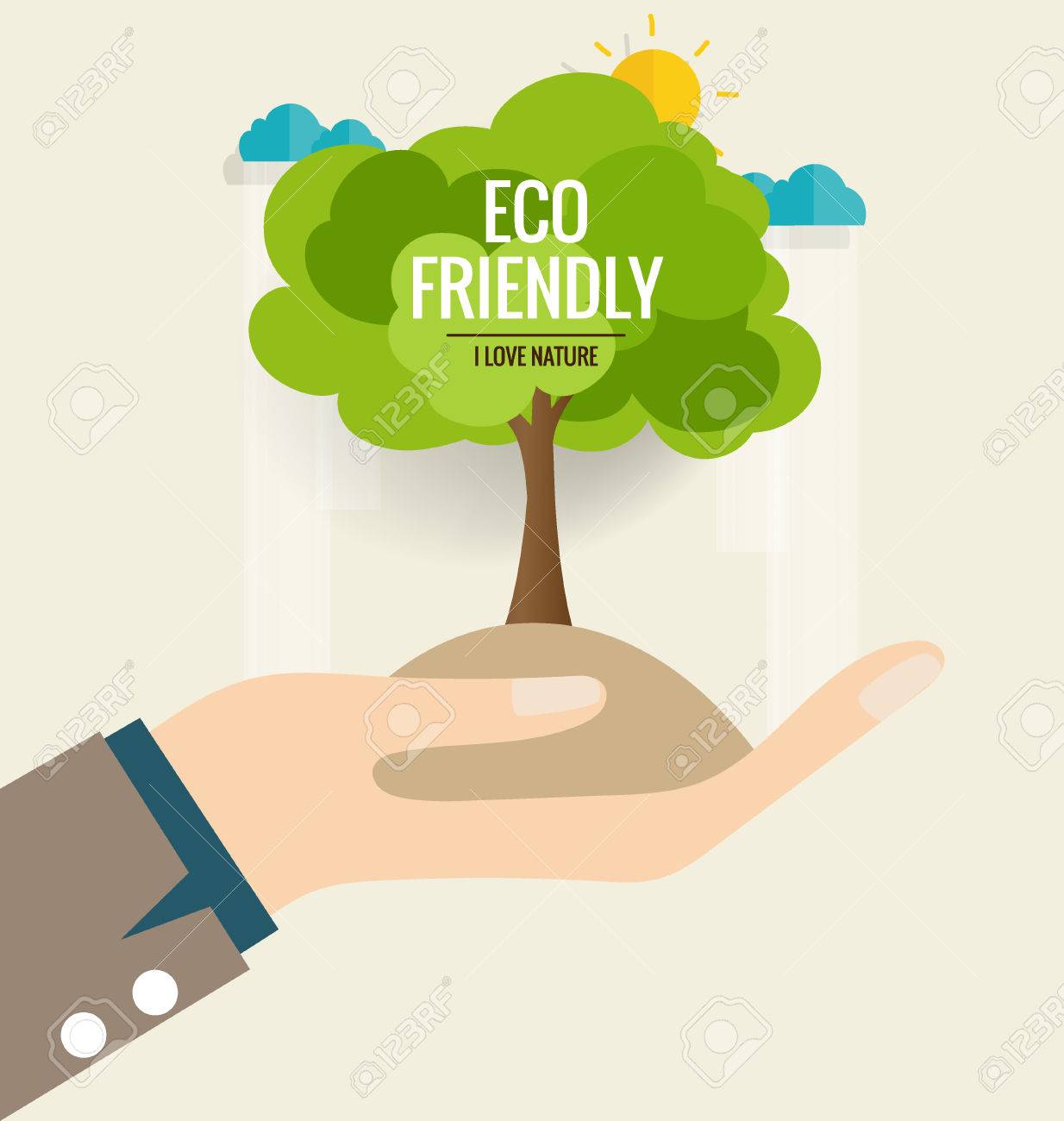 ECO FRIENDLY. Ecology concept with hand and tree background. Vector illustration. - 44305951 ECO FRIENDLY. Ecology concept with hand and tree background. Vector illustration. - 44305951