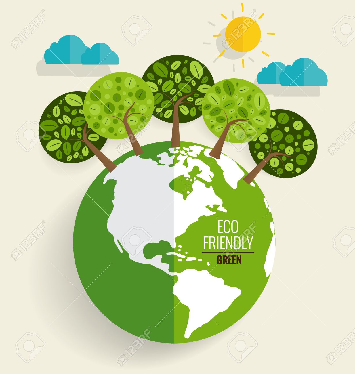 ECO FRIENDLY. Ecology concept with Green Eco Earth and Trees. Vector illustration. - 44305962 ECO FRIENDLY. Ecology concept with Green Eco Earth and Trees. Vector illustration. - 44305962