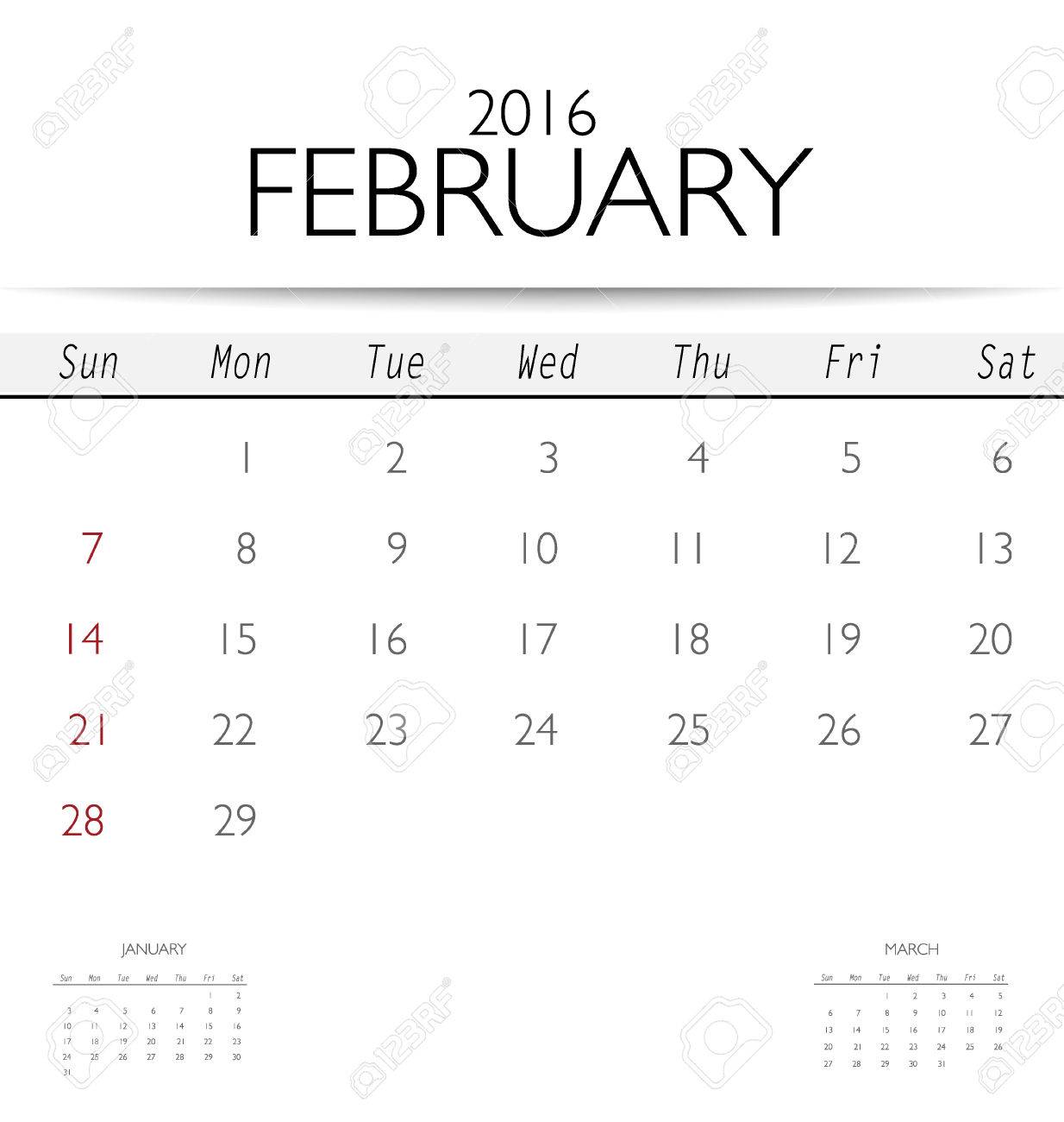 2016 calendar monthly calendar template for february vector