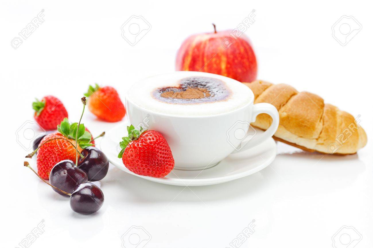 cappuccino in a cup in the shape of hearts,cherry,apple ,croissant and strawberries isolated on white - 11712395 cappuccino in a cup in the shape of hearts,cherry,apple ,croissant and strawberries isolated on white - 11712395
