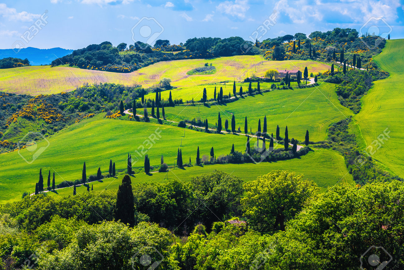 トスカーナの風景 フリー写真] イタリア、トスカーナ州の丘のある田舎の風景でアハ