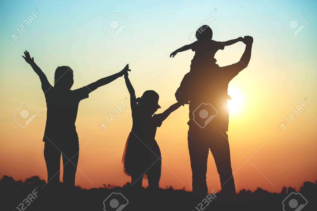 Silhouette Of A Family Comprising A Father, Mother And Two Children Happy  Family The Sunset.Concept Of Friendly Stock Photo, Picture and Royalty Free  Image. Image 143946845., image size:1300x866
