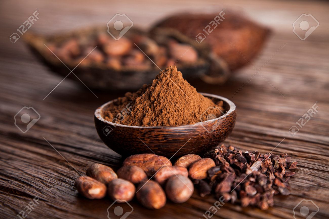 Cacao beans and powder and food dessert background - 63371671 Cacao beans and powder and food dessert background - 63371671
