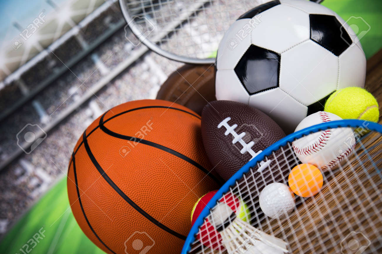 Assorted sports equipment, Winner background - 135102592 Assorted sports equipment, Winner background - 135102592
