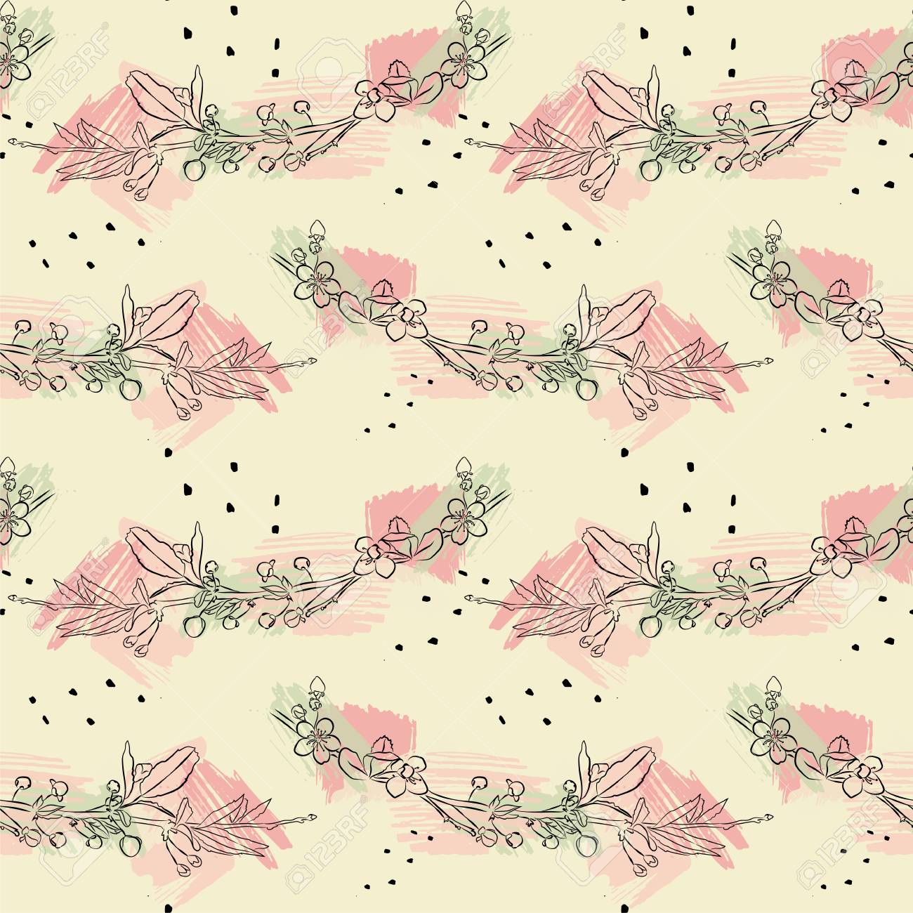 抽象的な水彩汚れ 桜が咲き ドットとシームレスなパターンは ペイント ブラシ フリーハンド のイラスト素材 ベクタ Image