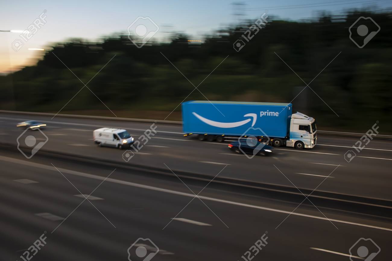 Watford Uk July 31 18 Amazon Prime Lorry In Motion On British Motorway M1 During Sunset Stock Photo Picture And Royalty Free Image Image