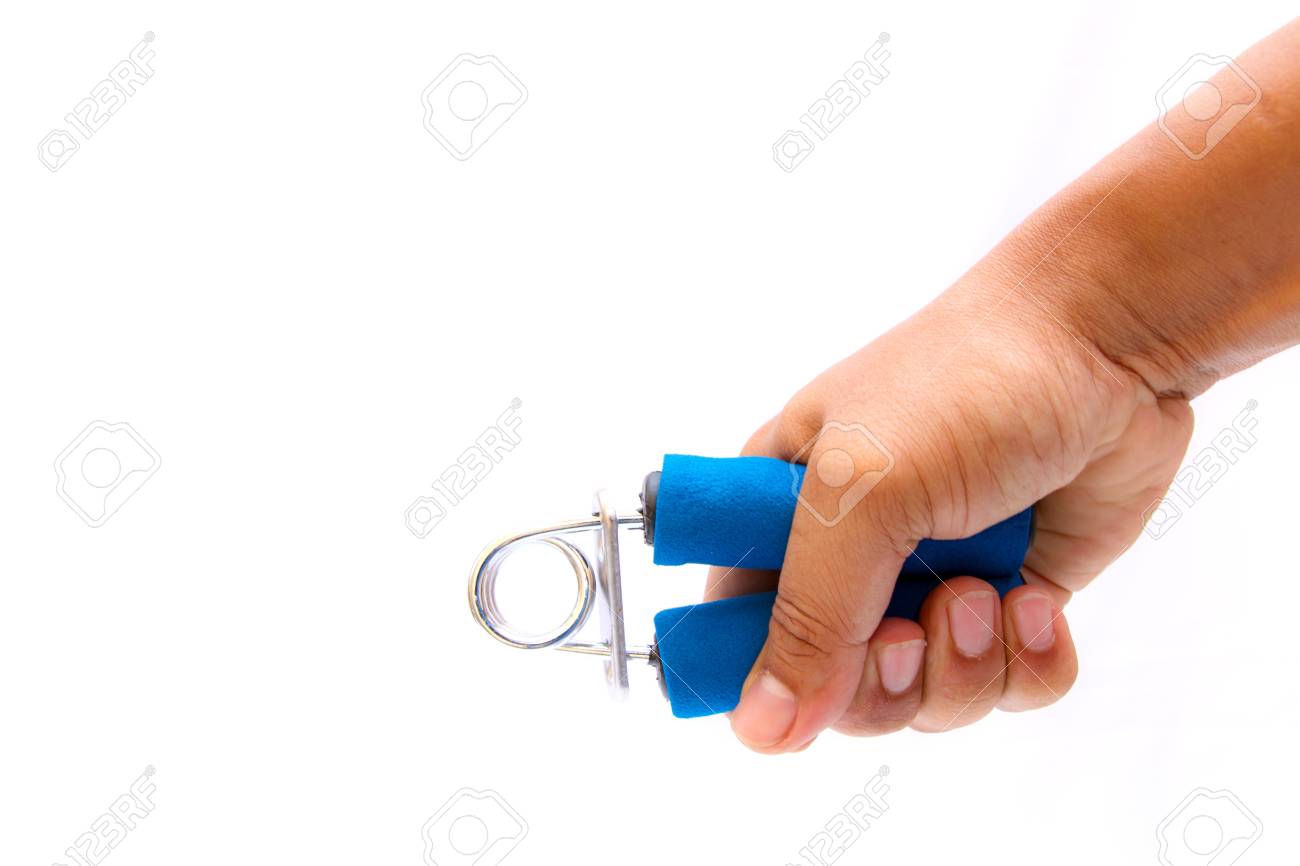 Man hand and blue color hand grip isolated on white background - 19601290 Man hand and blue color hand grip isolated on white background - 19601290