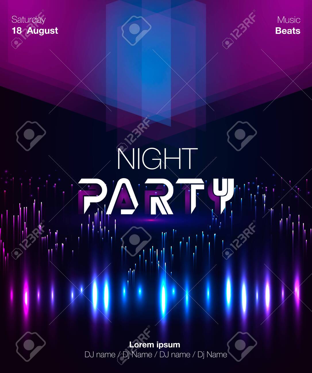 Poster Of Electronic Music Night Party. Abstract Vector Background.  Colorful Wave Lines And Equalizer. Minimal Party Flyer Design. Distortion  Of Rounds. Modern Music Covers Of House Music Party. Royalty Free SVG,  Cliparts,