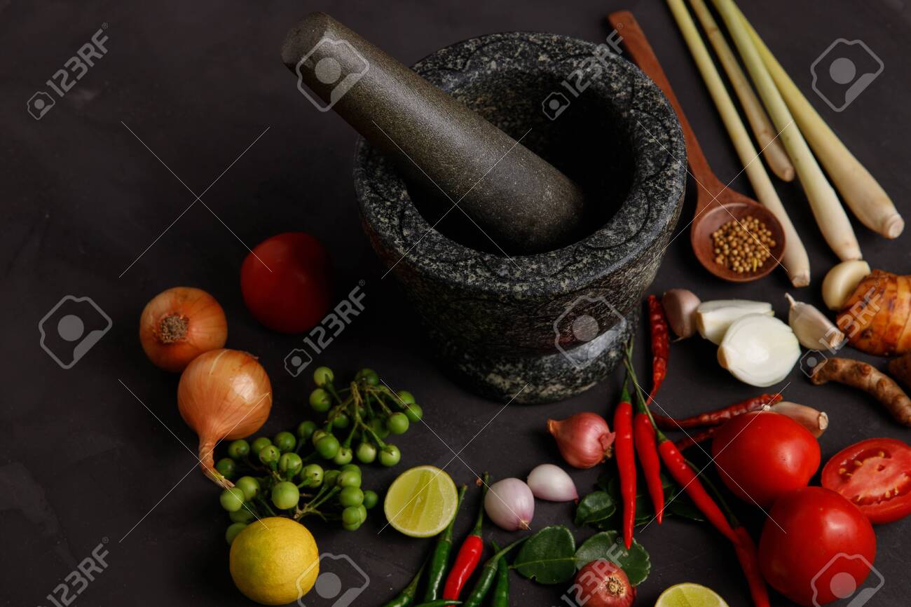 Thai Kitchen Various Herbs Spices And Ingredients On Dark