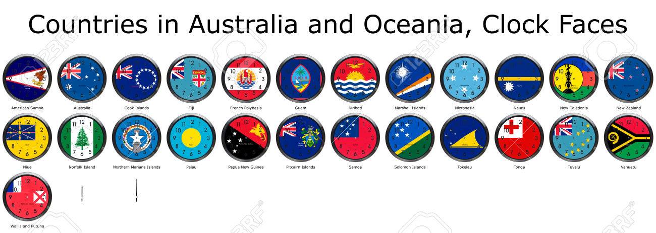 List Of Countries In Australia And Oceania, National Flags Set On A Clock  Face, So You Can Set The Time You Want. Stock Photo, Picture and Royalty  Free Image. Image 38708289.