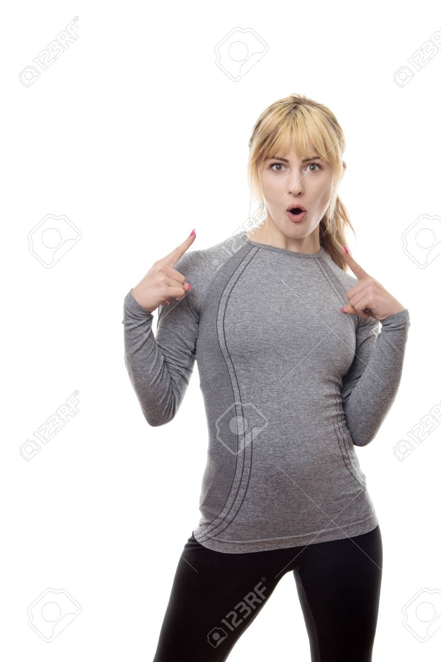 blonde fitness woman pointing at her self with a look of surprise
