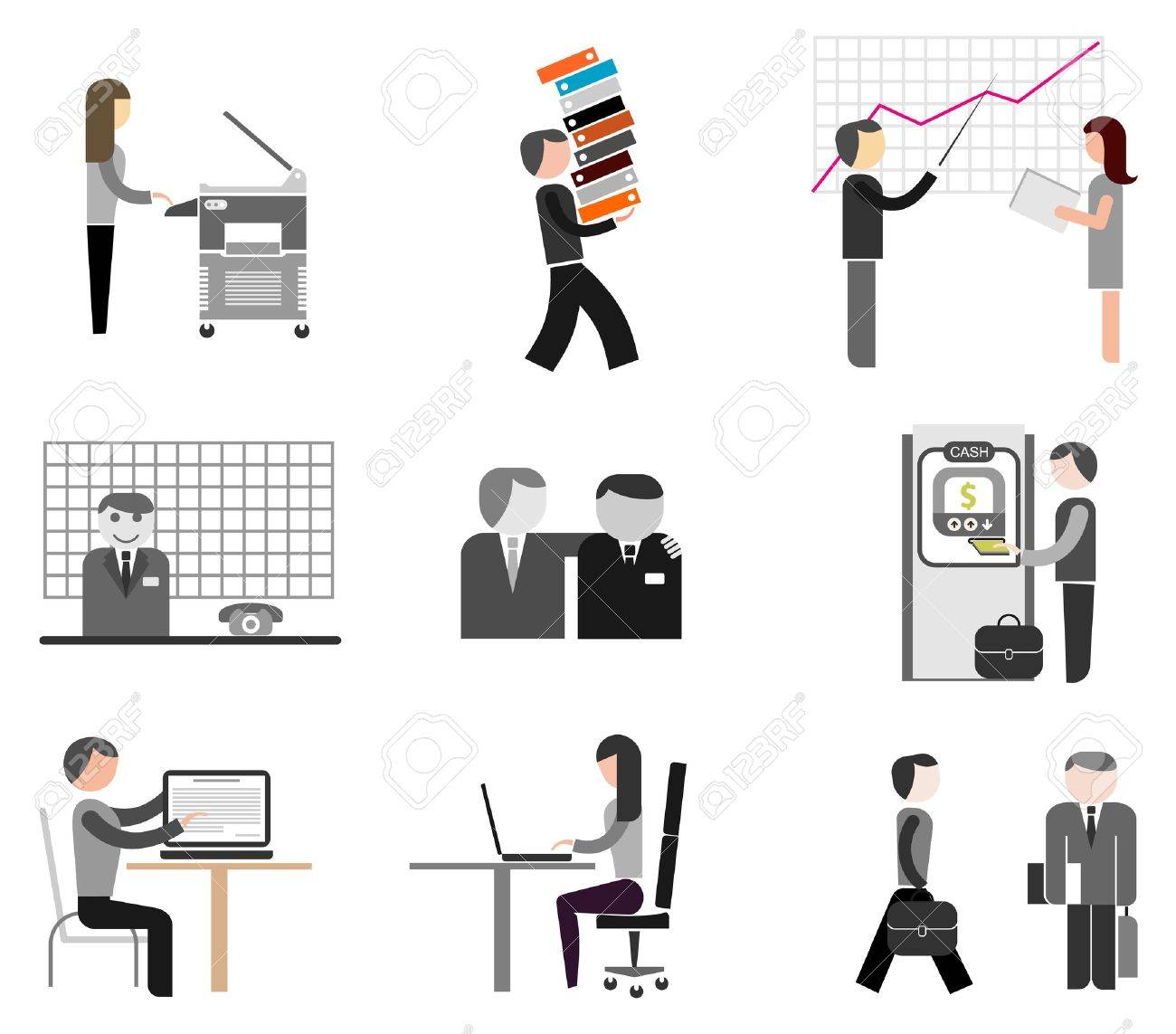 ビジネス 会社の事務所のアイコンのセットです 仕事でビジネスマン 白のアイコンを分離 のイラスト素材 ベクタ Image