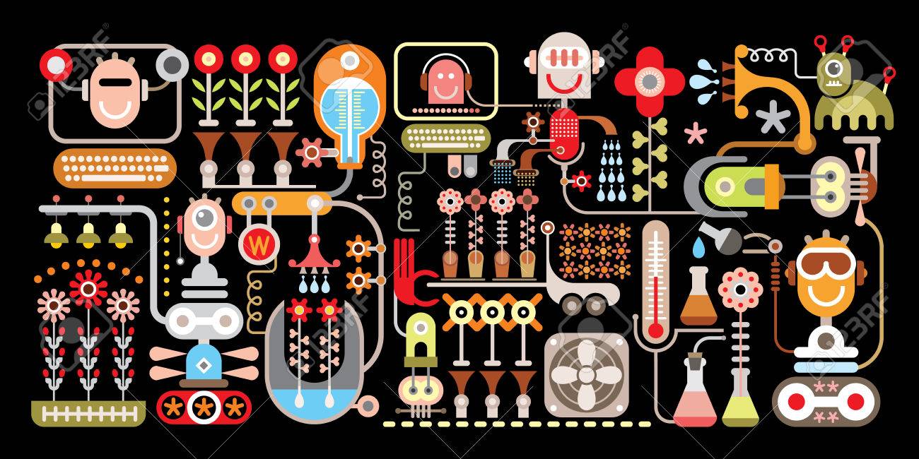 ロボット花工場 黒の背景に分離ベクトル イラスト 温室効果 のイラスト素材 ベクタ Image